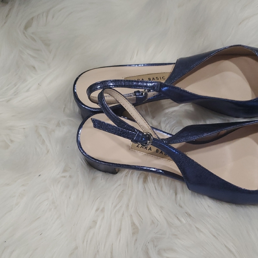 Zara Women's Shiny Blue Slingback Heels - Picture 3 of 12